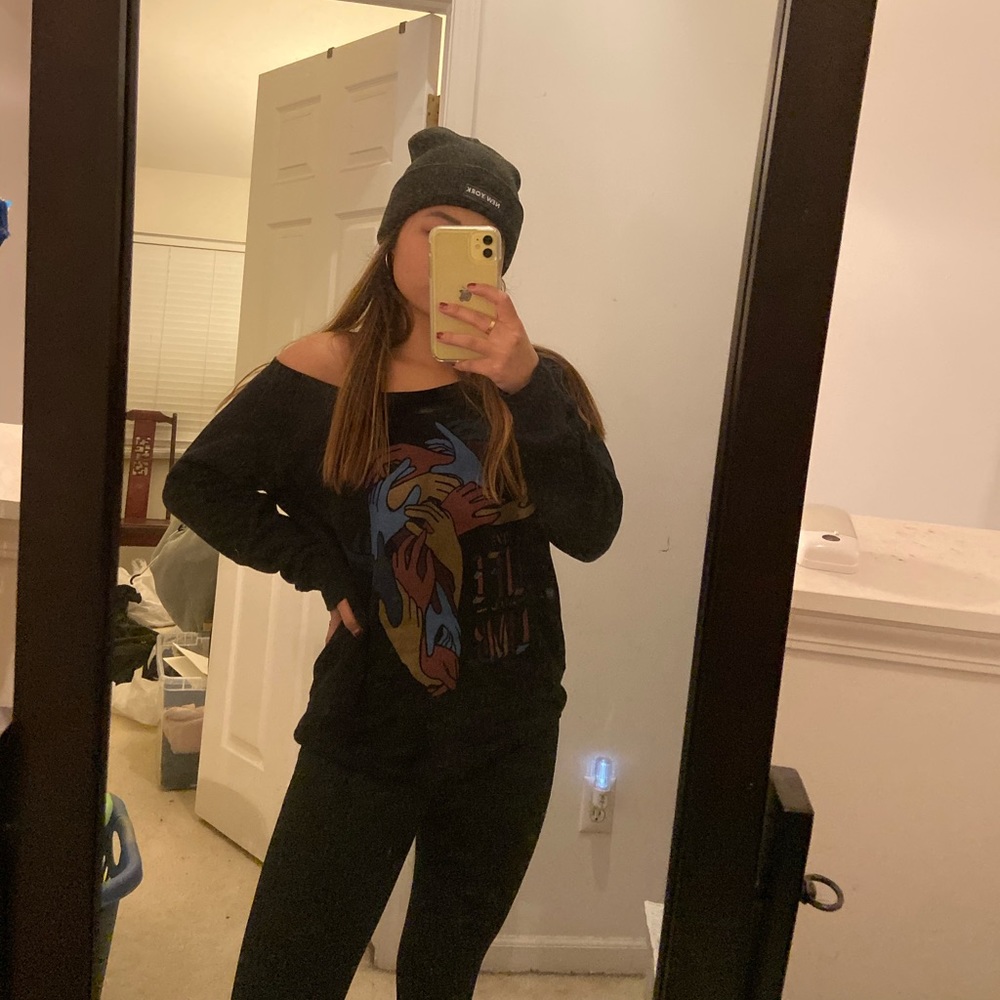 off the shoulder abstract graphic sweater